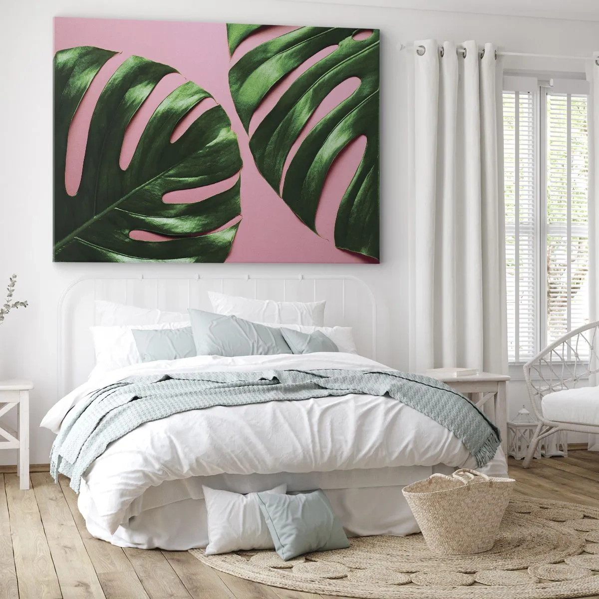 Impression sur toile - Image sur toile - Feuilles de monstera vertes sur fond rose - 70x50cm - Rendez-vous vert - Décoration murale moderne pour le salon et la chambre ARTTOR