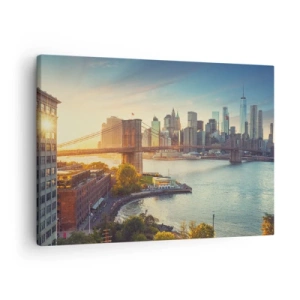 Impression sur toile - Image sur toile - Panorama de la ville avec le pont au coucher du soleil - 70x50cm - L'aube de la grande ville - Décoration murale moderne pour le salon et la chambre ARTTOR