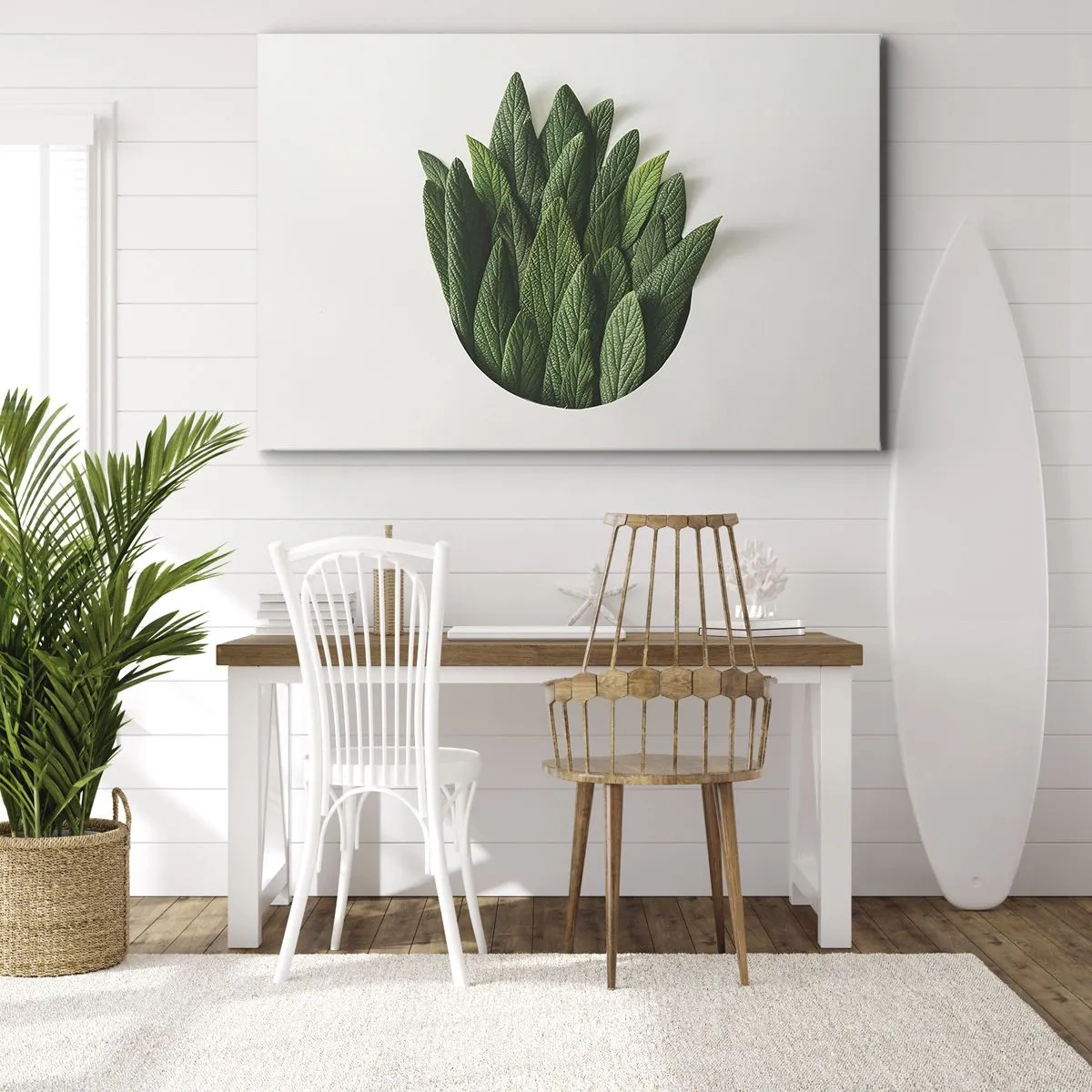 Impression sur toile - Image sur toile - Une composition de feuilles vertes sur un fond clair - 70x50cm - Curiosité sans retenue - Décoration murale moderne pour le salon et la chambre ARTTOR