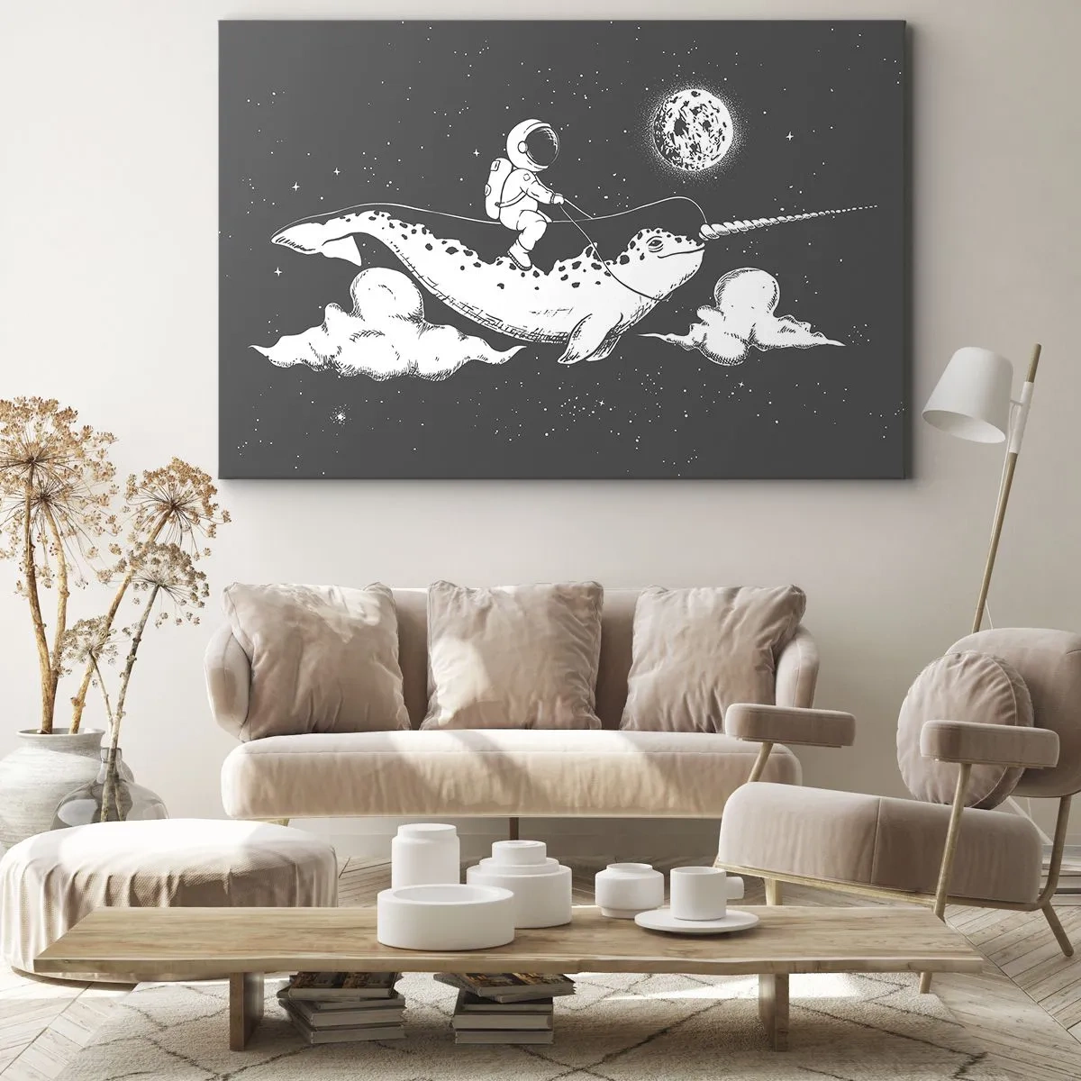 Impression sur toile - Image sur toile - Un astronaute sur le dos d'un narval flottant dans une scène spatiale. - 100x70cm - Cavalier de l'espace - Décoration murale moderne pour le salon et la chambre ARTTOR