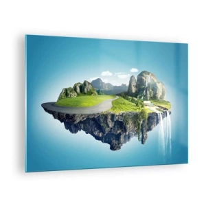 Impression sur verre - Image sur verre - Une île flottante avec des montagnes, une cascade et de la verdure - 70x50cm - Île fantastique - Décoration murale moderne pour le salon et la chambre ARTTOR