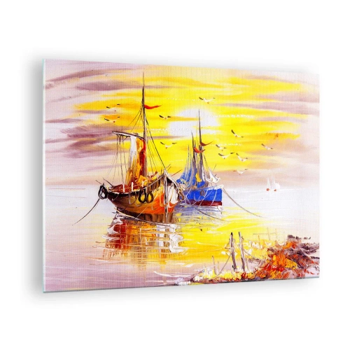 Impression sur verre - Image sur verre - Bateaux de pêche au coucher du soleil sur une eau calme - 70x50cm - Un repos bien mérité au port - Décoration murale moderne pour le salon et la chambre ARTTOR