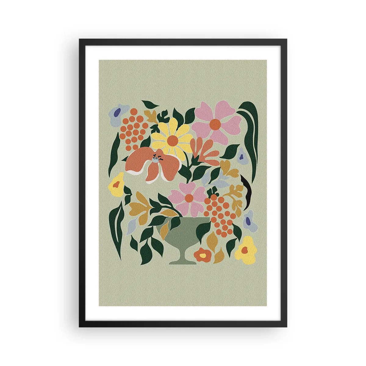 Affiche dans un cadre noir - Poster - Une composition florale colorée dans un vase décoratif sur fond vert - 50x70cm - Un bouquet plein de vie - Décoration murale moderne pour le salon et la chambre ARTTOR