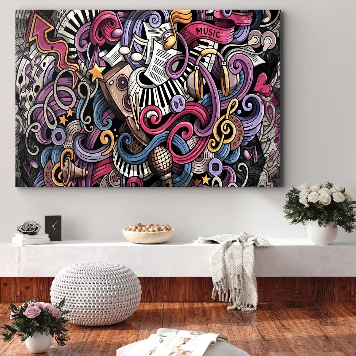 Impression sur toile - Image sur toile - Une abstraction musicale pleine d'instruments et de notes colorées. - 70x50cm - Mélodie compliquée - Décoration murale moderne pour le salon et la chambre ARTTOR