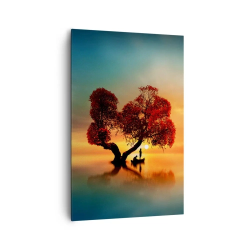 Impression sur toile - Image sur toile - Un arbre à feuilles rouges et un bateau sur l'eau au coucher du soleil - 80x120cm - Plénitude et éloignement sans monde - Décoration murale moderne pour le salon et la chambre ARTTOR