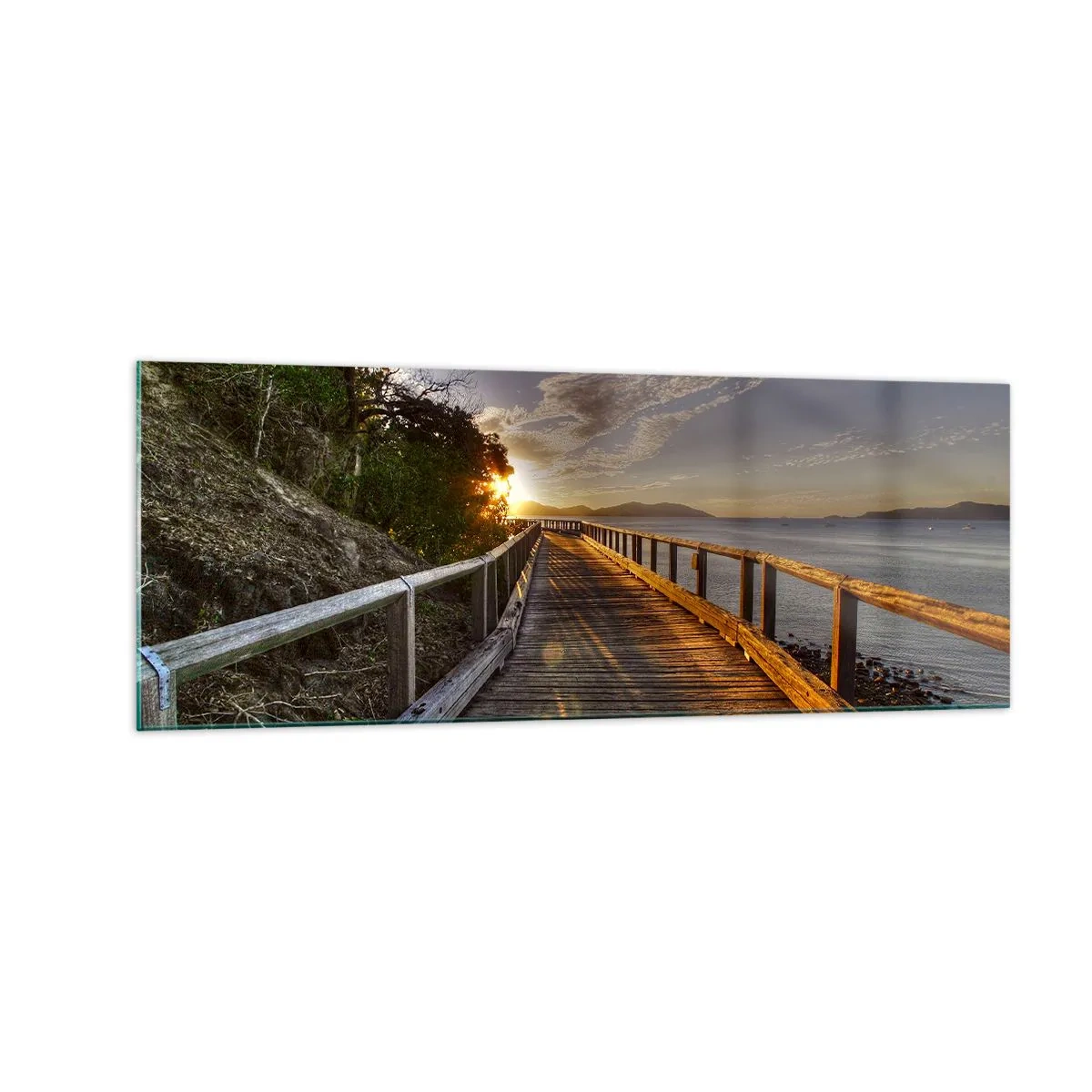 Impression sur verre - Image sur verre - Une jetée en bois mène vers le coucher de soleil sur l'eau - 140x50cm - Aller, aller tout le temps en direction du soleil - Décoration murale moderne pour le salon et la chambre ARTTOR