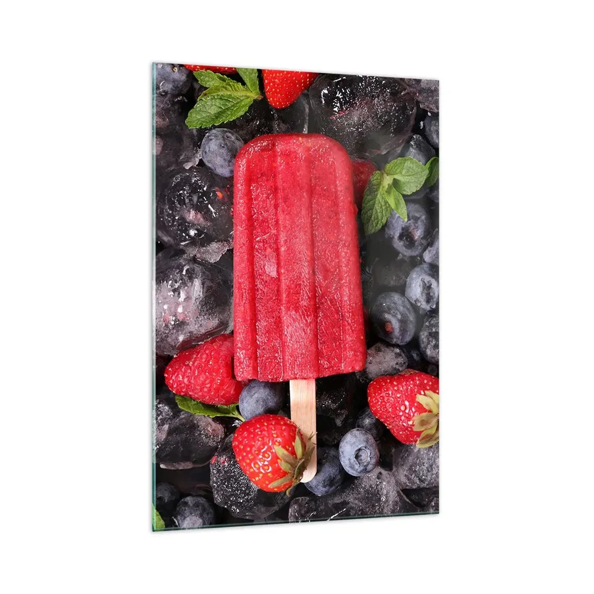 Impression sur verre - Image sur verre - Glace rouge entourée de fruits et de glace - 70x100cm - Le goût d’un été chaud - Décoration murale moderne pour le salon et la chambre ARTTOR