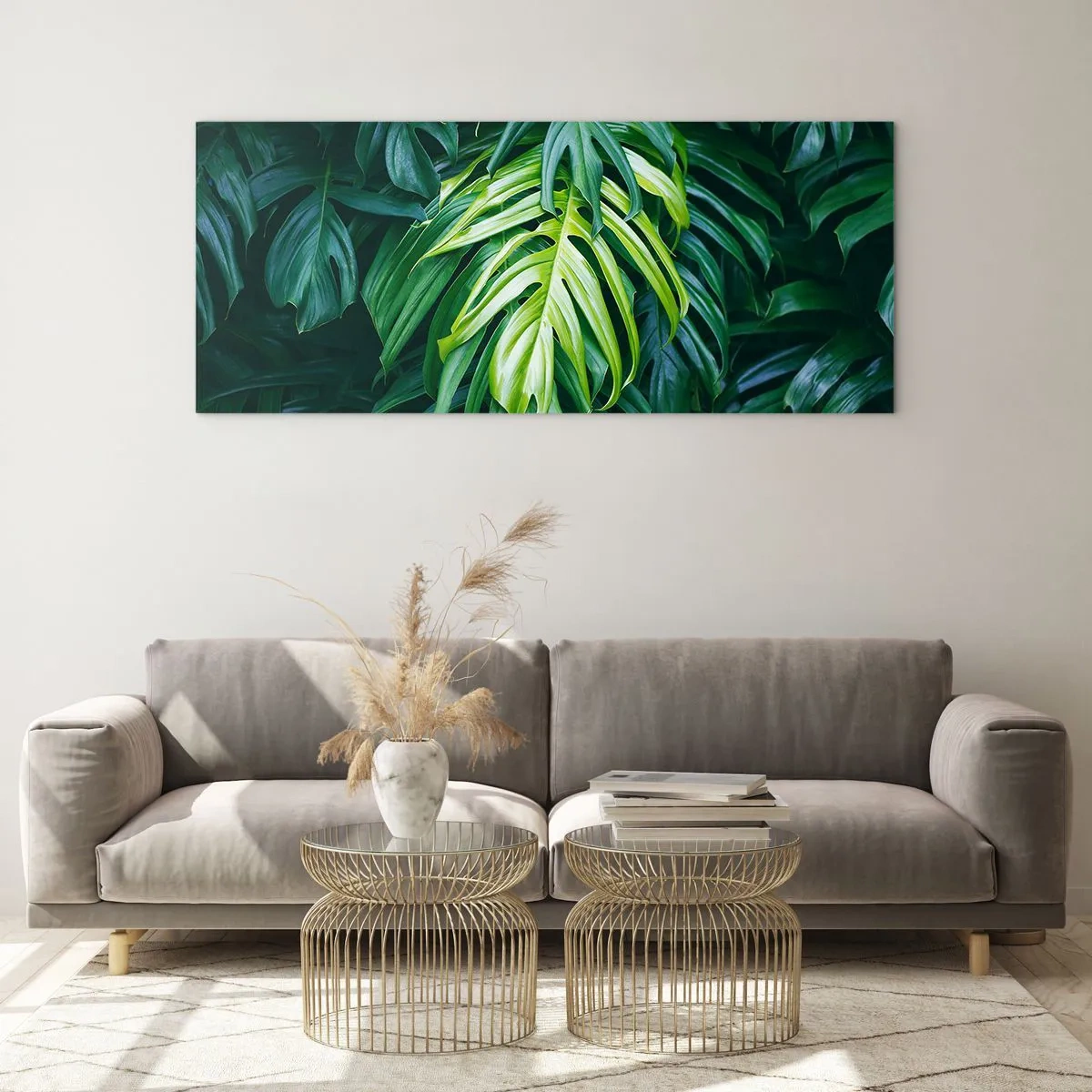 Impression sur verre - Image sur verre - Feuilles vertes dans un arrangement tropical dense - 120x50cm - Immergez-vous dans la fraîcheur - Décoration murale moderne pour le salon et la chambre ARTTOR