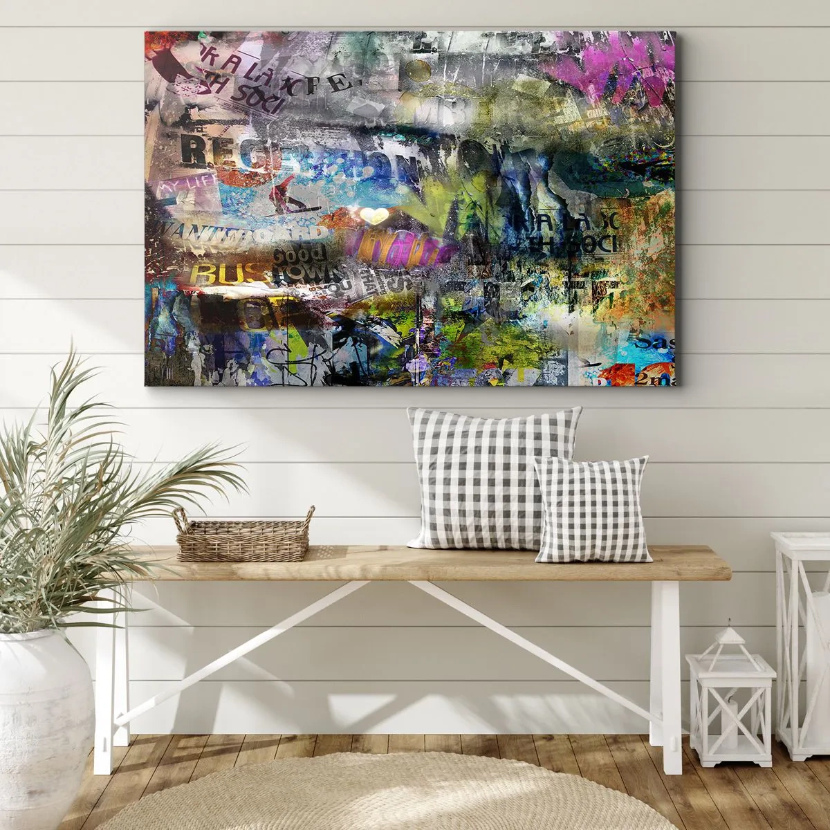 Impression sur toile - Image sur toile - Collage abstrait avec texte et couleurs variées - 70x50cm - Collage de souvenirs - Décoration murale moderne pour le salon et la chambre ARTTOR