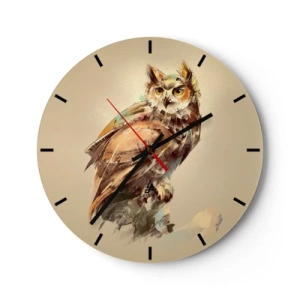 Horloge murale - Pendule murale - Portrait artistique d'un hibou sur fond beige - 30x30cm - Le hibou le plus intelligent - confirmera la forêt de chênes - Décoration murale moderne pour le salon, la cuisine et la chambre ARTTOR