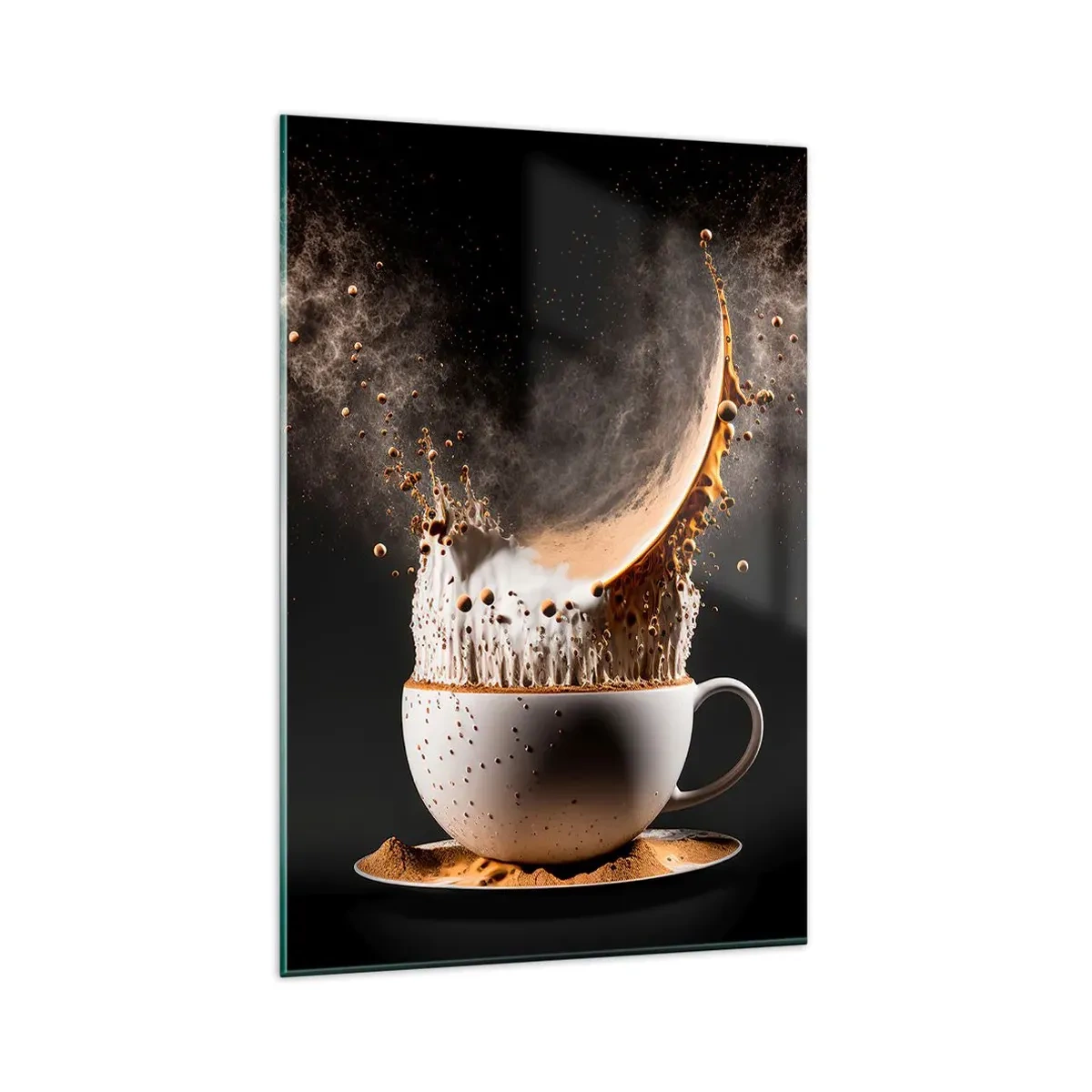 Impression sur verre - Image sur verre - Une tasse de café avec une explosion dynamique de liquide sur fond noir. - 80x120cm - Une explosion de saveur - Décoration murale moderne pour le salon et la chambre ARTTOR