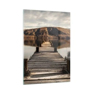 Impression sur verre - Image sur verre - Une jetée en bois au-dessus d'un lac avec vue sur les montagnes en arrière-plan - 50x70cm - Paysage silencieux - Décoration murale moderne pour le salon et la chambre ARTTOR