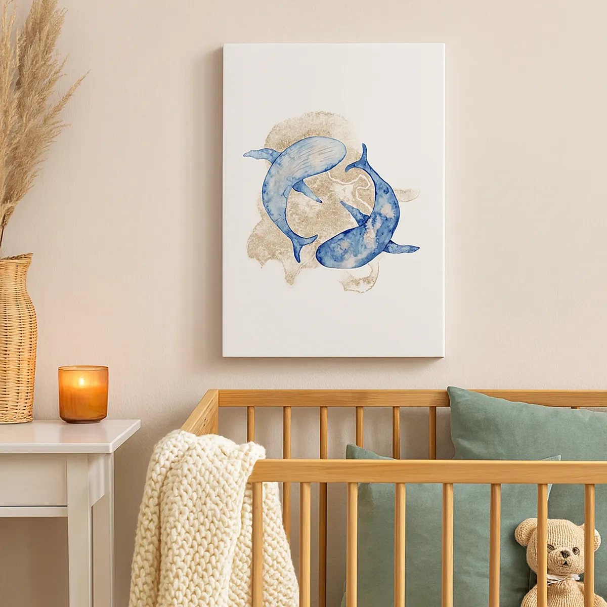 Impression sur toile - Image sur toile - Baleines bleues abstraites sur fond clair - 50x70cm - Amis ou amoureux? - Décoration murale moderne pour le salon et la chambre ARTTOR