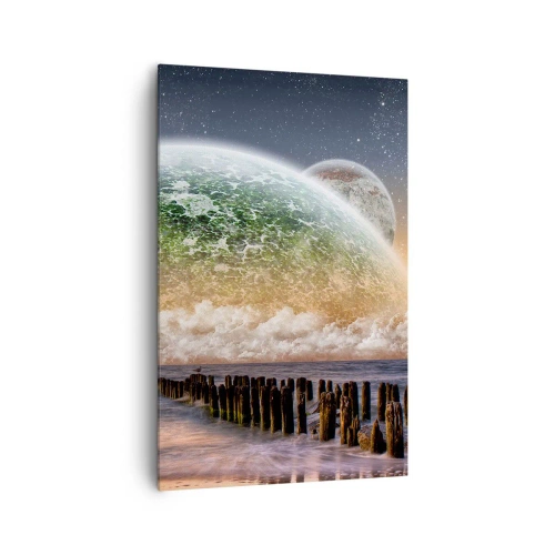 Impression sur toile - Image sur toile - Un paysage fantastique avec une grande planète au-dessus de la mer et une jetée en bois. - 80x120cm - Et le monde est sorti de l'eau - Décoration murale moderne pour le salon et la chambre ARTTOR