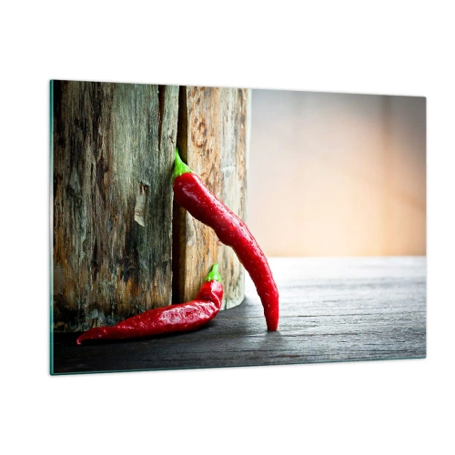 Impression sur verre - Image sur verre - Piments rouges sur fond de bois - 120x80cm - Red hot chili peppers - Décoration murale moderne pour le salon et la chambre ARTTOR