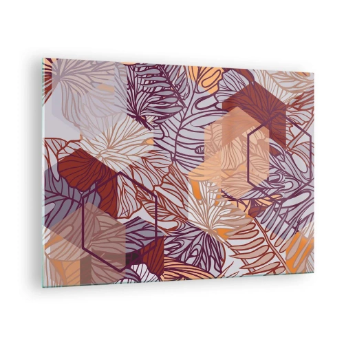 Impression sur verre - Image sur verre - Feuilles graphiques sur fond de formes géométriques - 70x50cm - Relation impossible entre la géométrie et la nature - Décoration murale moderne pour le salon et la chambre ARTTOR