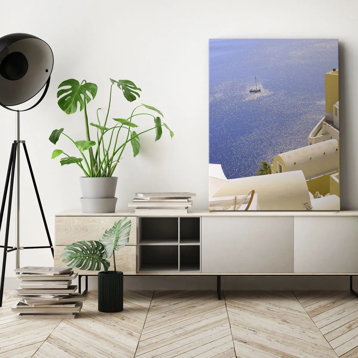 Impression sur toile - Image sur toile - Paysage grec en blanc et bleu ciel - 65x120 cm