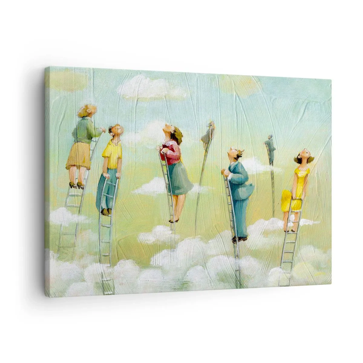 Impression sur toile - Image sur toile - Personnages grimpant sur des échelles parmi des nuages sur un fond pastel. - 70x50cm - Derrière ton rêve - Décoration murale moderne pour le salon et la chambre ARTTOR