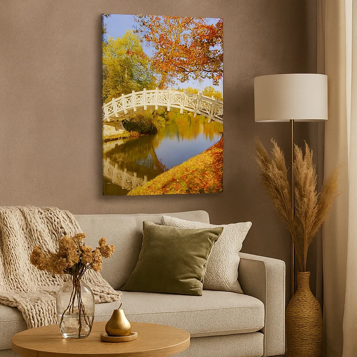 Impression sur toile - Image sur toile - Un pont dans un parc entouré de feuilles d'automne sur une eau calme - 50x70cm - Sur le pont blanc des soupirs - Décoration murale moderne pour le salon et la chambre ARTTOR