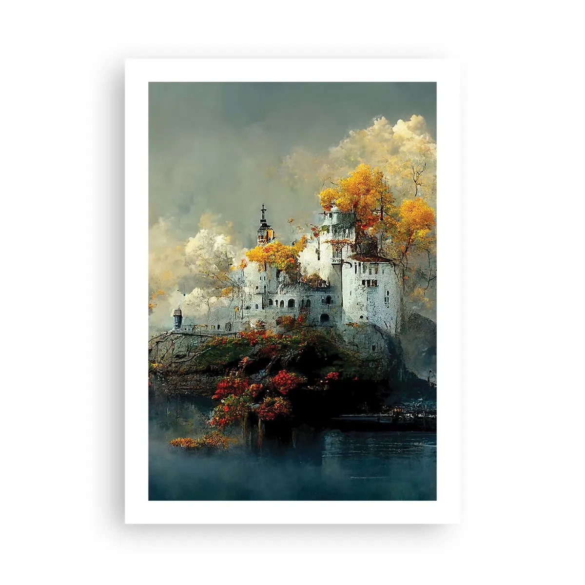 Affiche - Poster - Un château sur un rocher entouré d'un paysage d'automne - 50x70cm - Le début d'une histoire romantique - Décoration murale moderne pour le salon et la chambre ARTTOR