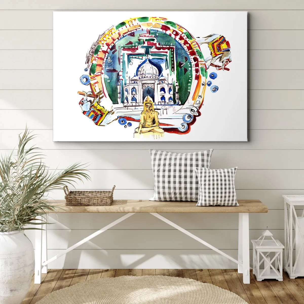 Impression sur toile - Image sur toile - Une illustration colorée de l'architecture indienne - 100x70cm - Équilibre mondial hindou - Décoration murale moderne pour le salon et la chambre ARTTOR