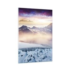Impression sur verre - Image sur verre - Montagnes enneigées à l'aube avec un ciel coloré - 70x100cm - La force et la pureté de la nature - Décoration murale moderne pour le salon et la chambre ARTTOR