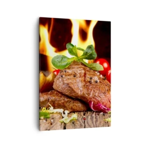 Impression sur toile - Image sur toile - Steak grillé avec accompagnements sur fond de flammes - 50x70cm - Ensorcelé par la braise - Décoration murale moderne pour le salon et la chambre ARTTOR