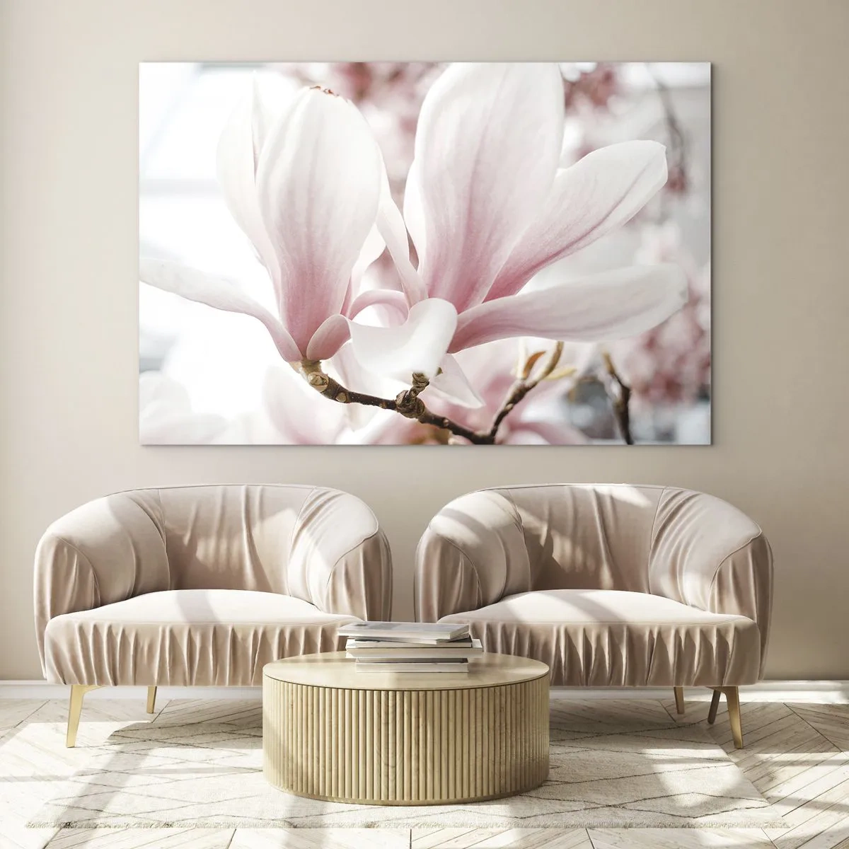 Impression sur verre - Image sur verre - Magnolias roses délicats en gros plan sur un fond flou - 70x50cm - Abondance de tendresse - Décoration murale moderne pour le salon et la chambre ARTTOR