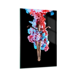 Impression sur verre - Image sur verre - Une danseuse entourée de fumée colorée sur fond noir - 70x100cm - En pleine floraison - Décoration murale moderne pour le salon et la chambre ARTTOR