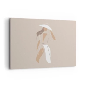Impression sur toile - Image sur toile - Un dessin minimaliste d'une femme avec un chapeau sur fond beige. - 120x80cm - Lea mode est un jeu - Décoration murale moderne pour le salon et la chambre ARTTOR