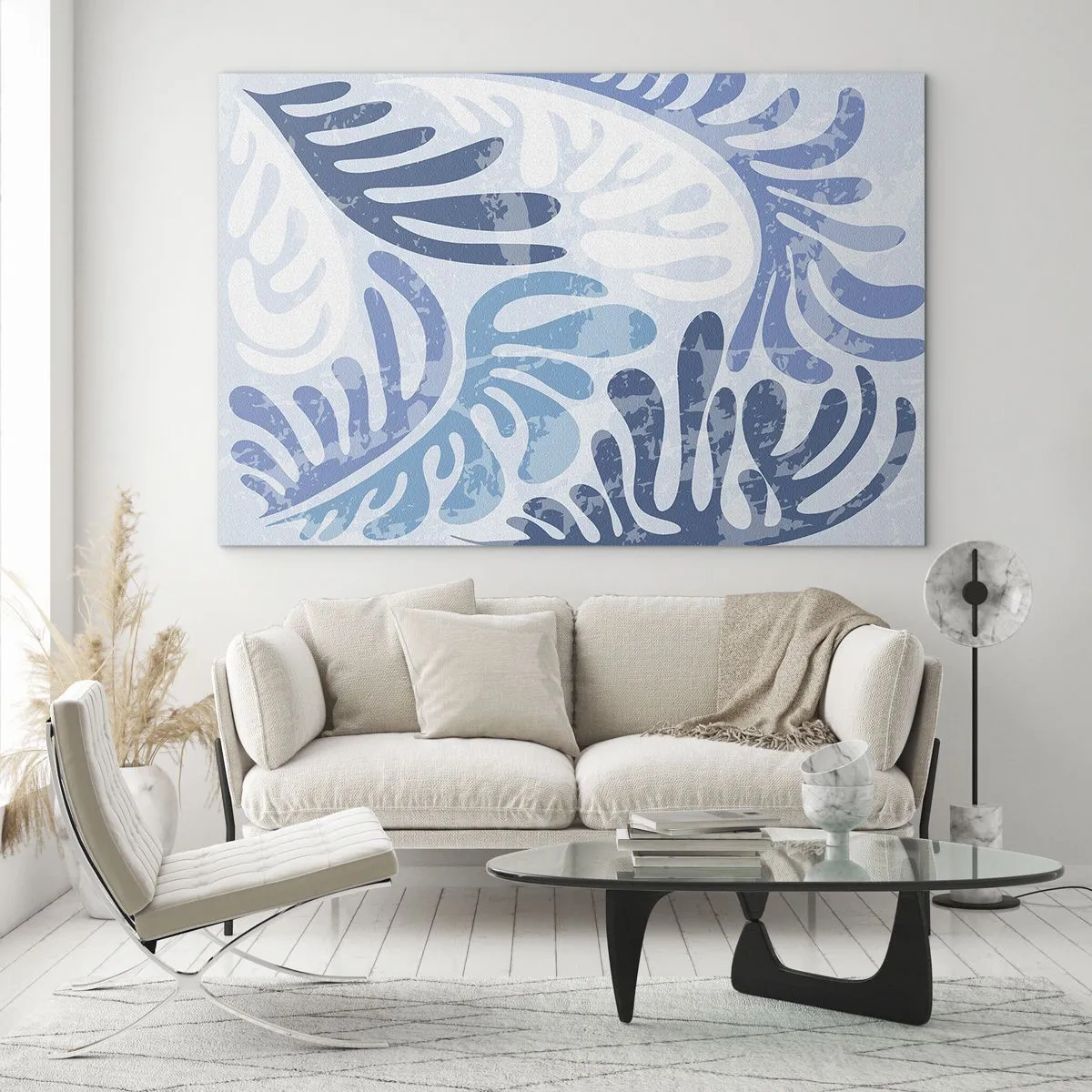 Impression sur verre - Image sur verre - Feuilles de fougère décoratives dans des tons bleus sur fond clair - 70x50cm - Fougères bleues - Décoration murale moderne pour le salon et la chambre ARTTOR
