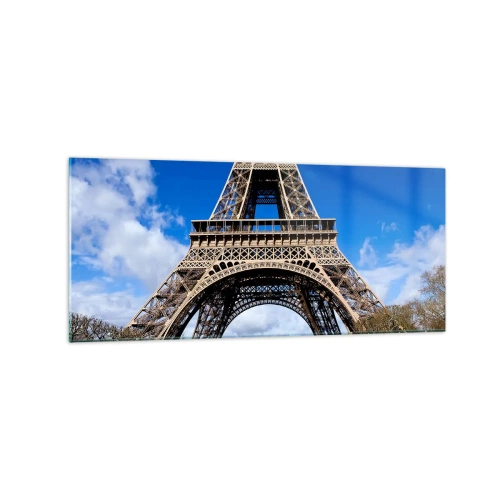 Impression sur verre - Image sur verre - La Tour Eiffel sur fond de ciel bleu et de parc verdoyant - 120x50cm - Tout Paris à ses pieds - Décoration murale moderne pour le salon et la chambre ARTTOR
