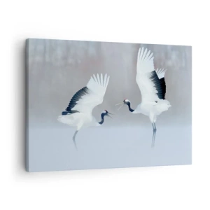 Impression sur toile - Image sur toile - Deux grues dansant dans un paysage brumeux - 70x50cm - Danse dans le brouillard - Décoration murale moderne pour le salon et la chambre ARTTOR