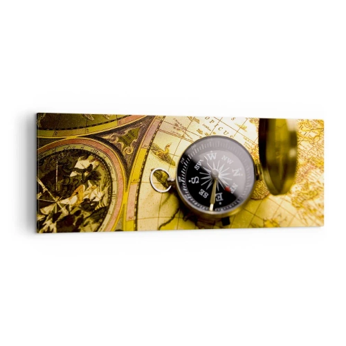 Impression sur toile - Image sur toile - Une boussole antique sur fond d'une vieille carte du monde - 140x50cm - Ou peut-être jusqu'au bout du monde ? - Décoration murale moderne pour le salon et la chambre ARTTOR