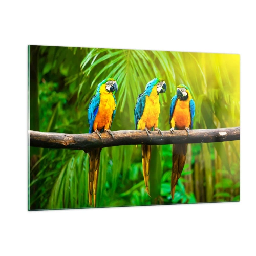 Impression sur verre - Image sur verre - Trois perroquets aras sur une branche dans une forêt tropicale - 120x80cm - Et avez-vous entendu qu'elle ...? - Décoration murale moderne pour le salon et la chambre ARTTOR