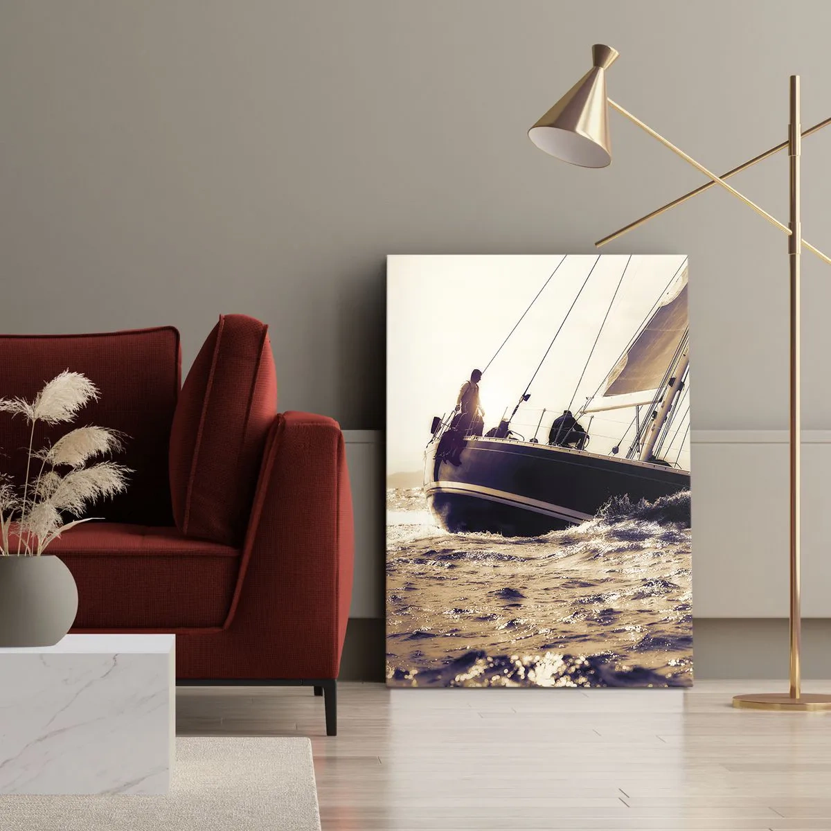 Impression sur toile - Image sur toile - Un yacht sur une mer agitée à la lumière du soleil couchant - 50x70cm - Navigue, marin - Décoration murale moderne pour le salon et la chambre ARTTOR