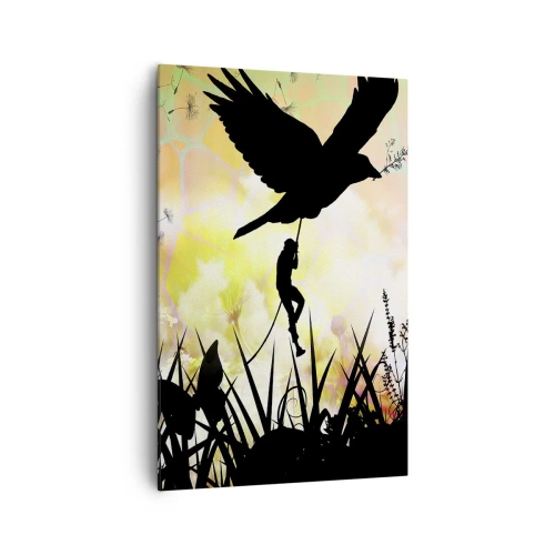 Impression sur toile - Image sur toile - Silhouette de la nature avec un oiseau et un pissenlit - 80x120cm - Dans une ambiance de conte de fées - Décoration murale moderne pour le salon et la chambre ARTTOR