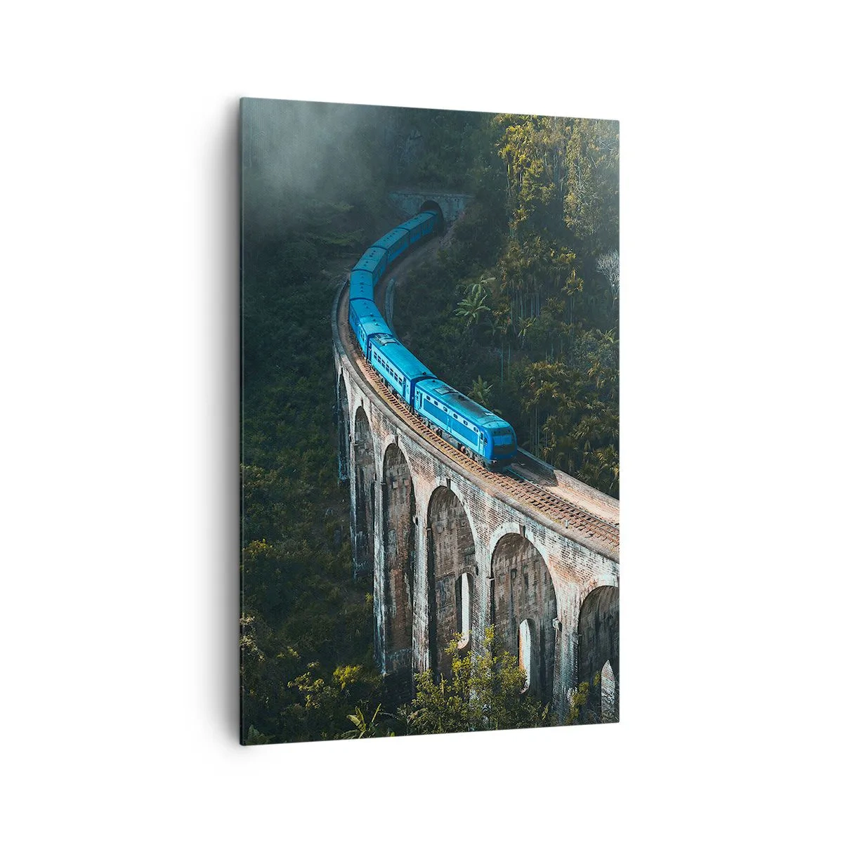 Impression sur toile - Image sur toile - Un train bleu sur un viaduc historique au milieu des forêts - 80x120cm - Train nature - Décoration murale moderne pour le salon et la chambre ARTTOR