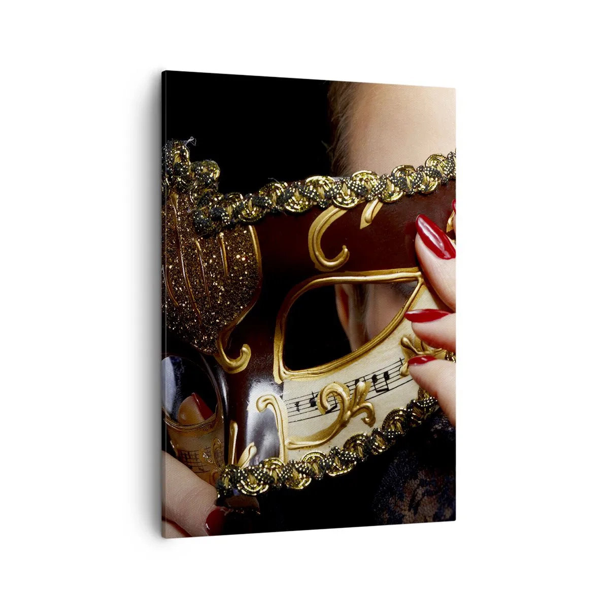 Impression sur toile - Image sur toile - Une femme portant un masque vénitien décoré d'or et de dentelle. - 50x70cm - Mon monde est baroque - Décoration murale moderne pour le salon et la chambre ARTTOR