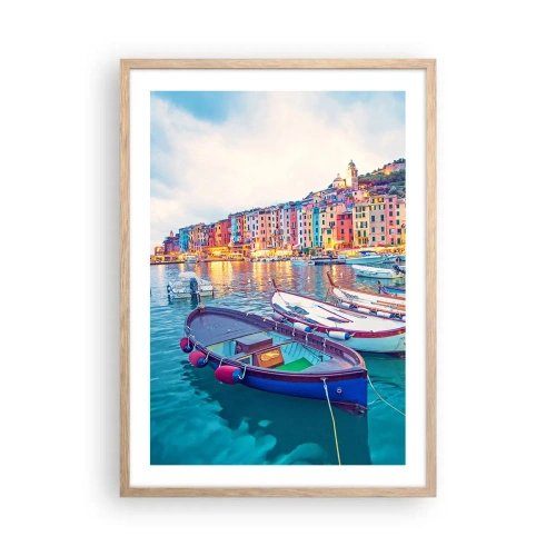 Affiche dans un chêne clair - Poster - Soirée colorée au port - 50x70 cm