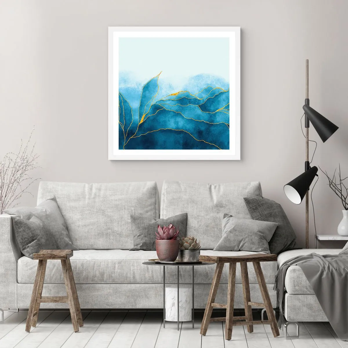 Affiche dans un cadre blanc - Poster - Bleu doré - 60x60 cm
