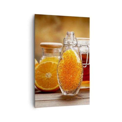 Impression sur toile - Image sur toile - Une bouteille de liquide ambré et des oranges fraîches - 80x120cm - Saveurs et arômes ensoleillés - Décoration murale moderne pour le salon et la chambre ARTTOR