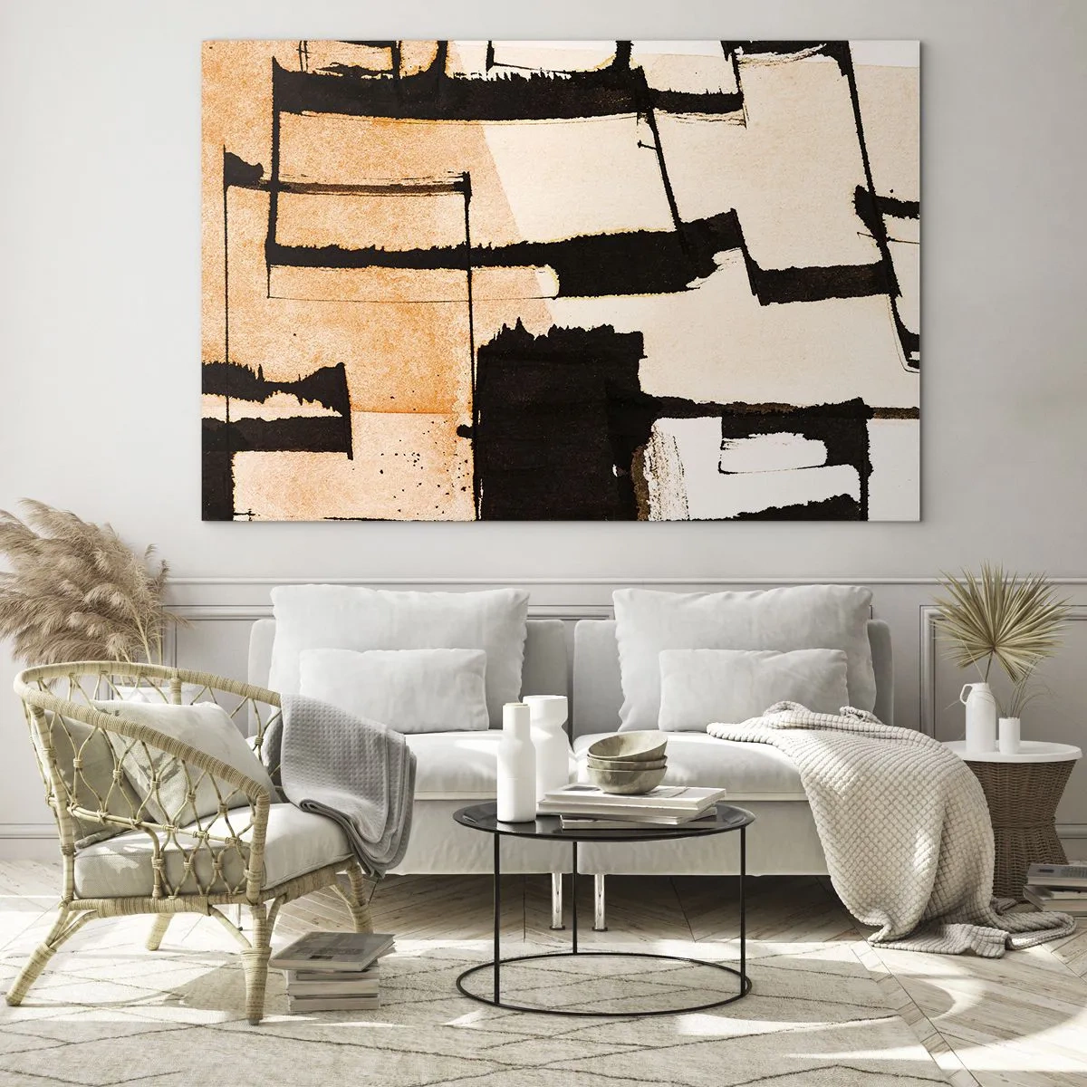 Impression sur verre - Image sur verre - Abstraction géométrique dans les tons beige et noir - 120x80cm - De l’ordre malgré tout - Décoration murale moderne pour le salon et la chambre ARTTOR