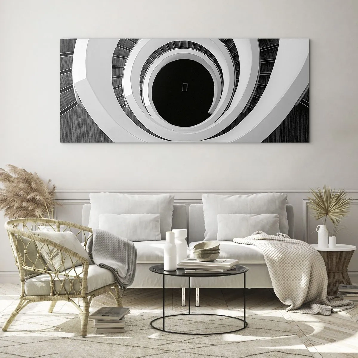 Impression sur verre - Image sur verre - Escalier en colimaçon noir et blanc de style moderne - 120x50cm - Les choses concrêtes - Décoration murale moderne pour le salon et la chambre ARTTOR