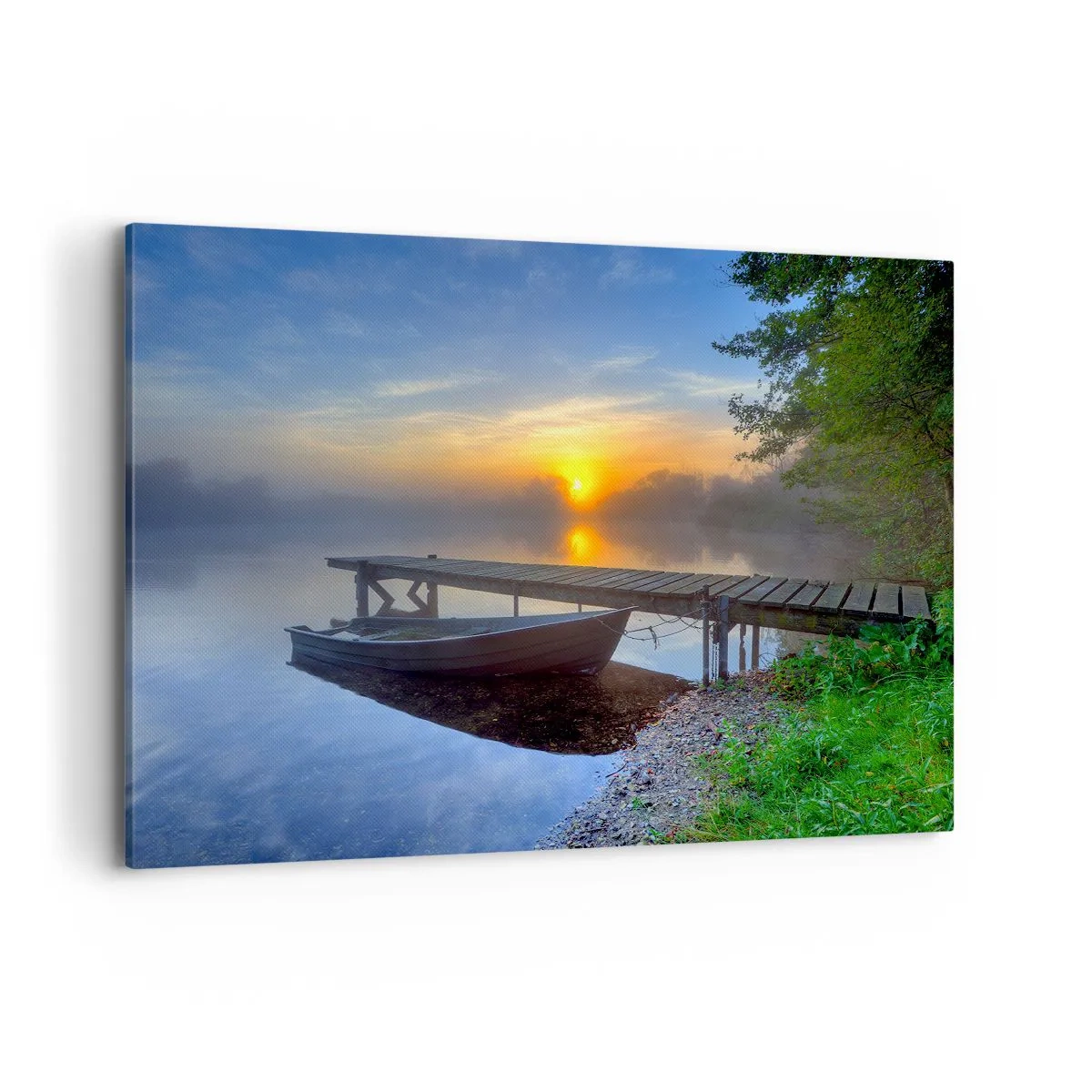 Impression sur toile - Image sur toile - Une jetée au bord du lac au lever du soleil avec un bateau sur le rivage - 100x70cm - Comment l'ordinaire se transforme en magie - Décoration murale moderne pour le salon et la chambre ARTTOR