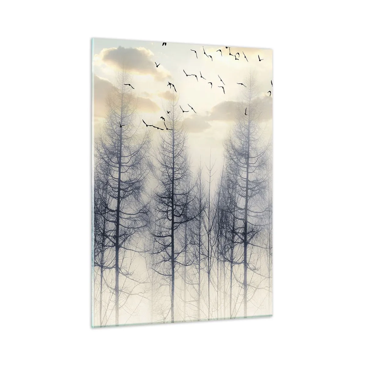 Impression sur verre - Image sur verre - Une forêt brumeuse avec des oiseaux, illuminée par le soleil levant - 50x70cm - L'âme de la forêt - Décoration murale moderne pour le salon et la chambre ARTTOR