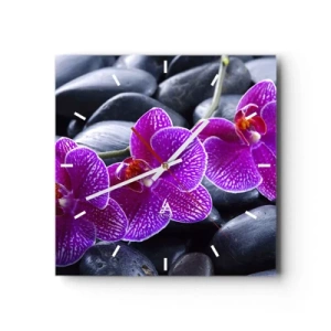 Horloge murale - Pendule murale - Orchidées violettes sur fond de pierres noires - 30x30cm - Les pierres brillaient de joie - Décoration murale moderne pour le salon et la chambre ARTTOR