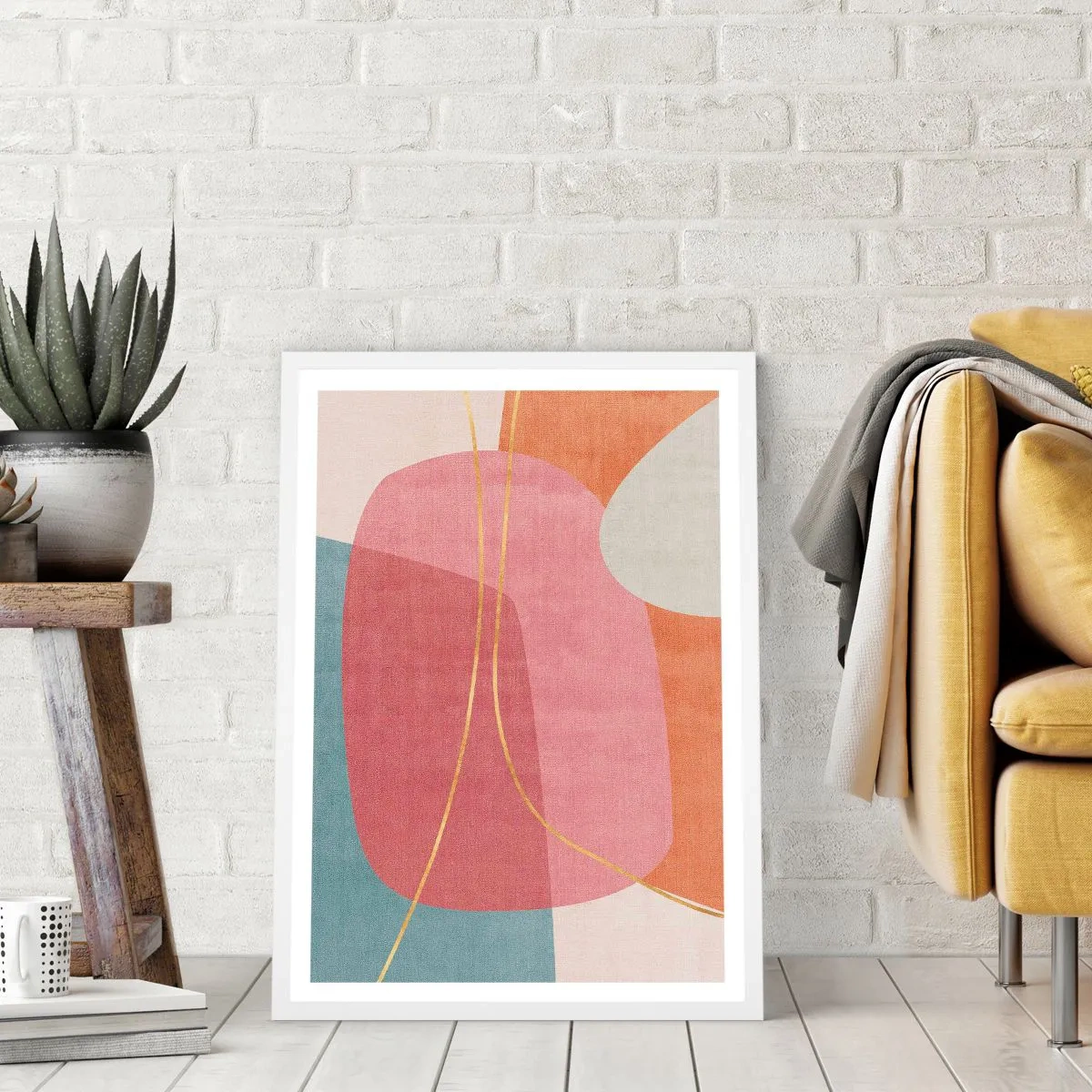 Affiche dans un cadre blanc - Poster - Composition pastel au fil d'or - 70x100 cm