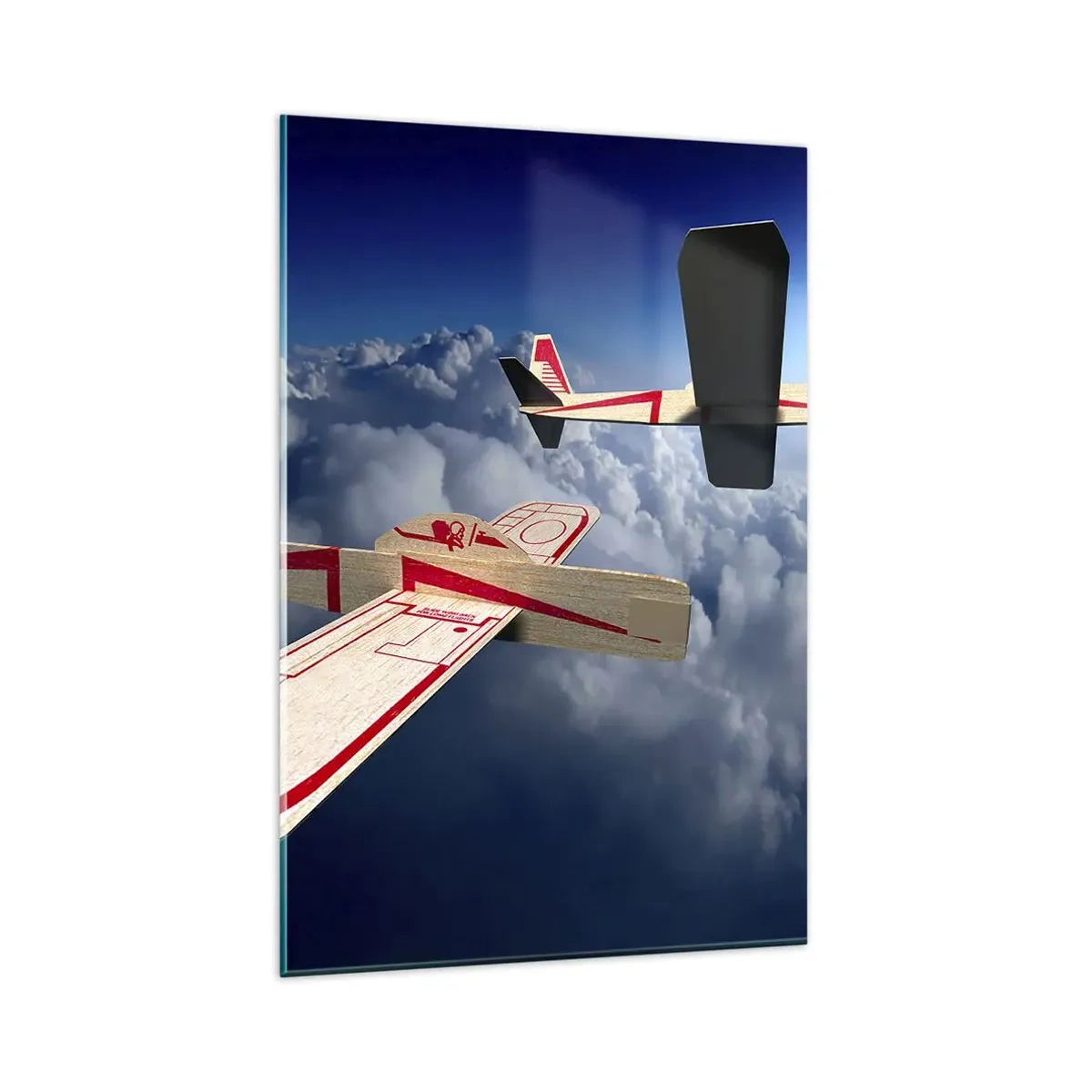 Impression sur verre - Image sur verre - Deux avions en bois planant au-dessus des nuages contre un ciel bleu. - 80x120cm - Encore plus haut, encore plus loin - Décoration murale moderne pour le salon et la chambre ARTTOR
