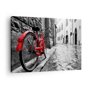 Impression sur toile - Image sur toile - Vélo rouge dans une rue en noir et blanc - 70x50cm - La vraie beauté ne vieillit pas - Décoration murale moderne pour le salon et la chambre ARTTOR